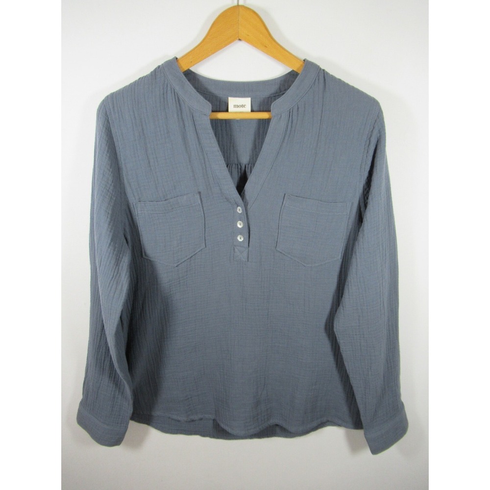 Mote Gauzy Popover Blouse Women XL Gray Long Sleeve V-Neck Cotton